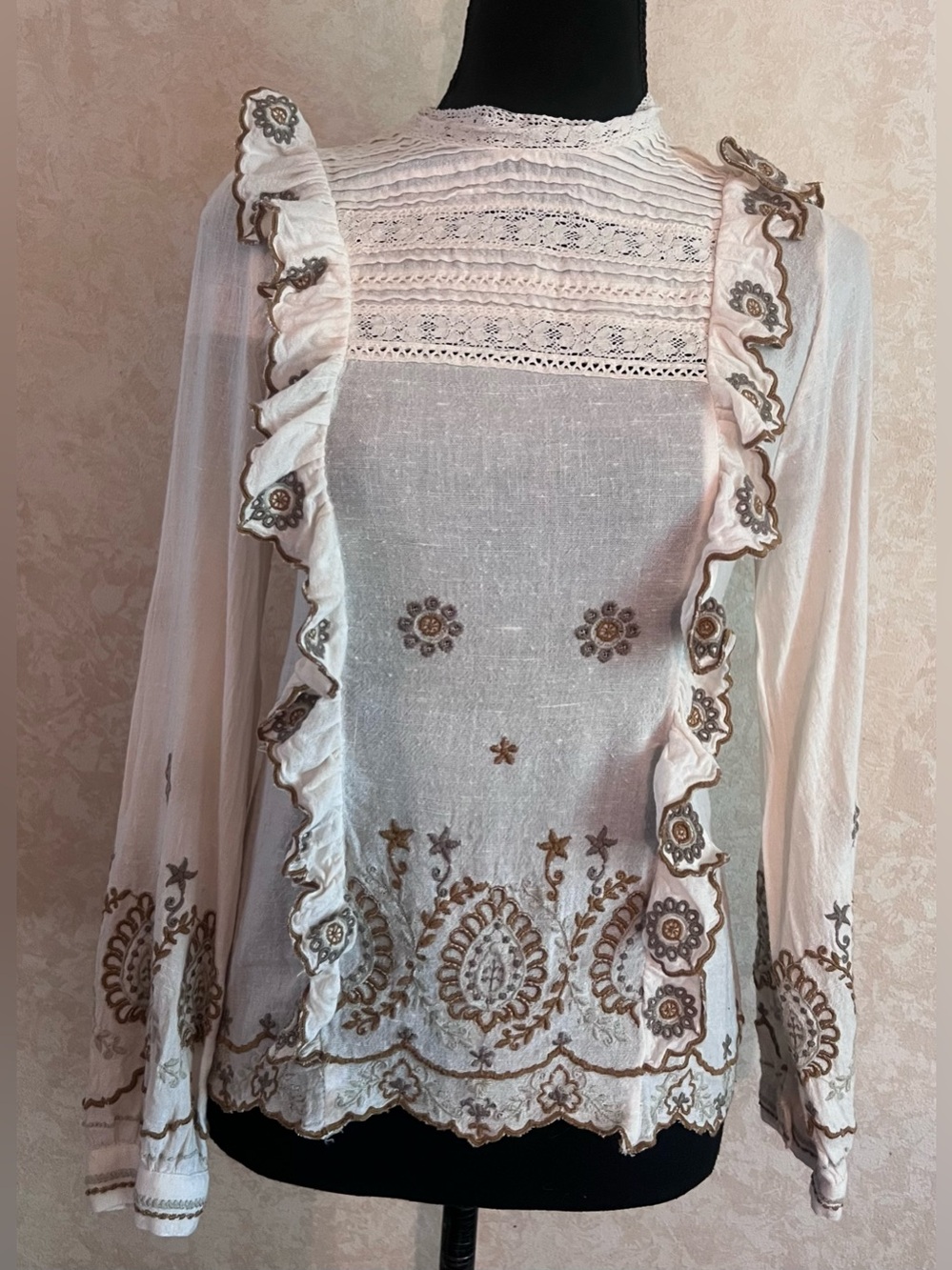 Zara long sleeve cream Blouse with Brown Embroidery